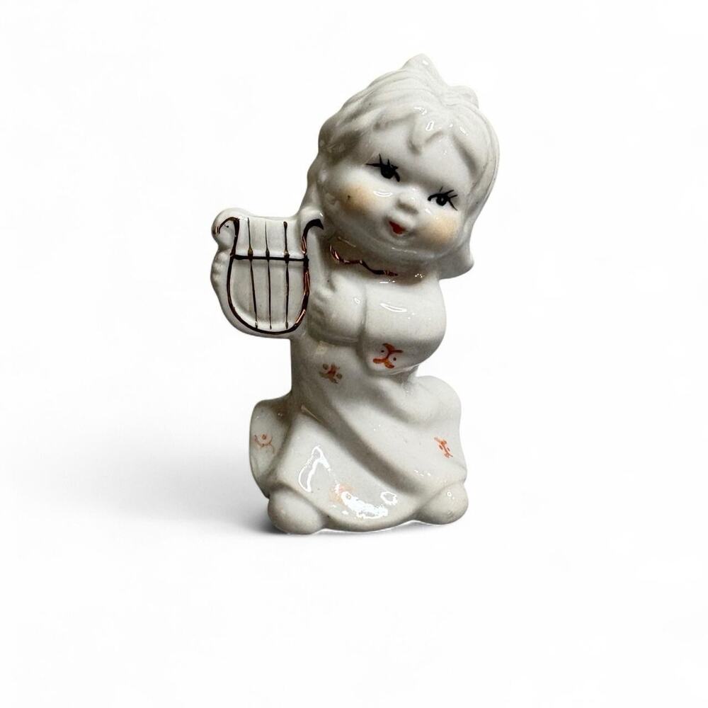 Vintage Ceramic Girl Figurine with Harp White Gold Trim Made in China